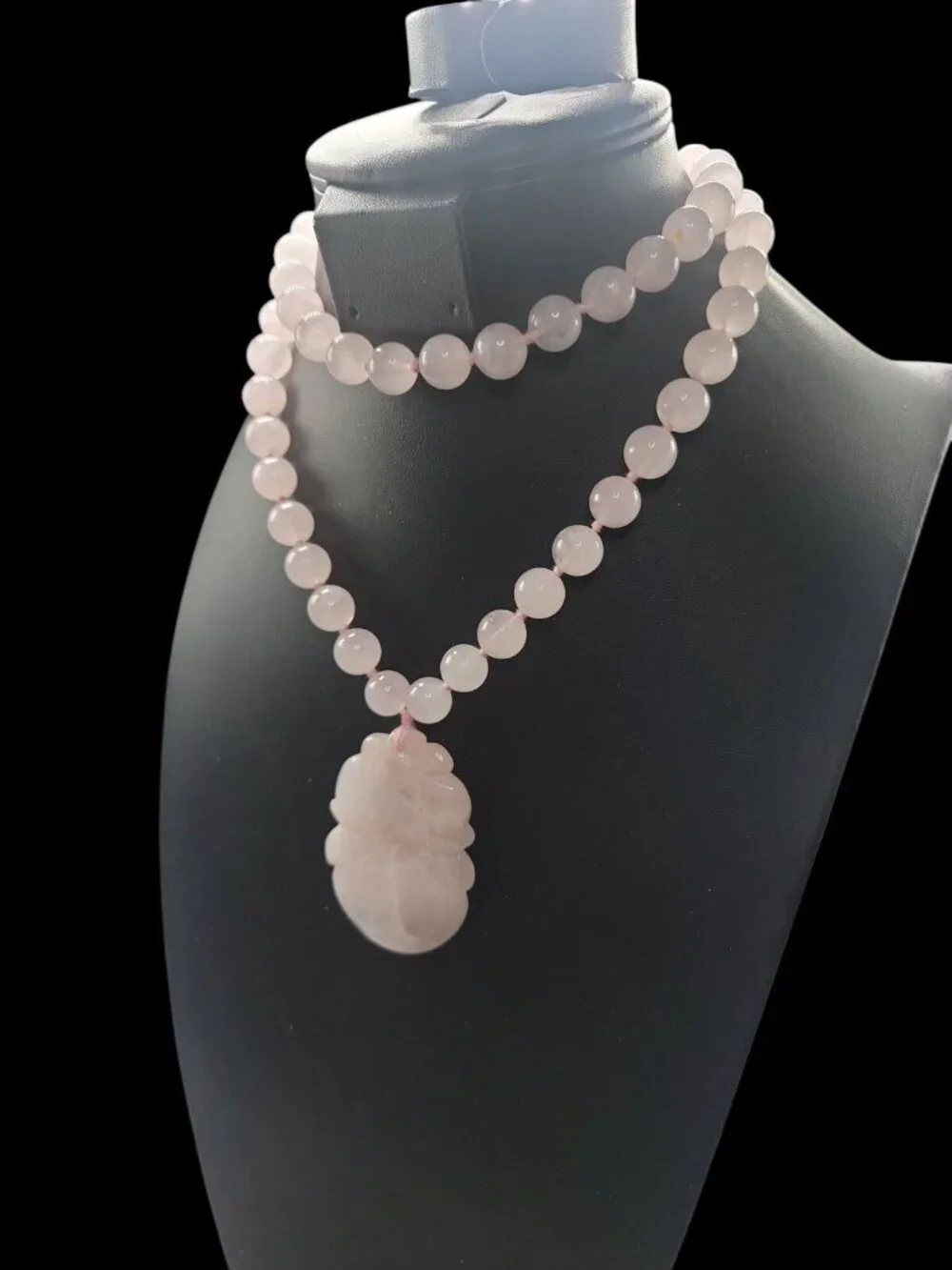 Chinese Rose Quartz Hand Knotted Mala Lotus Design Necklace 28